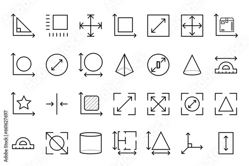 Dimension, area and perimeter measure concept. Vector set of linear geometry icons. Square, perimeter, distance and diameter icons.