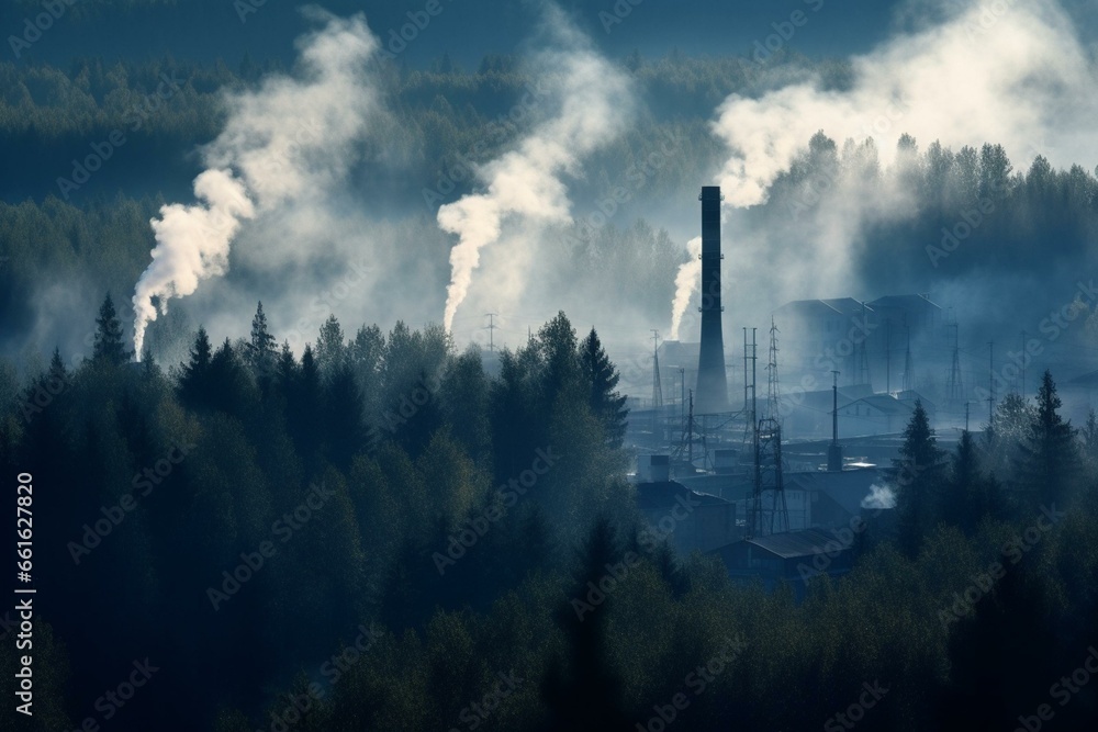 Factory chimneys surrounded by forest, emitting smoke. Generative AI