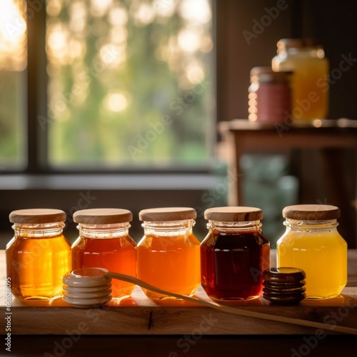 Honey in glass jars on a wooden shelf in a rustic kitchen