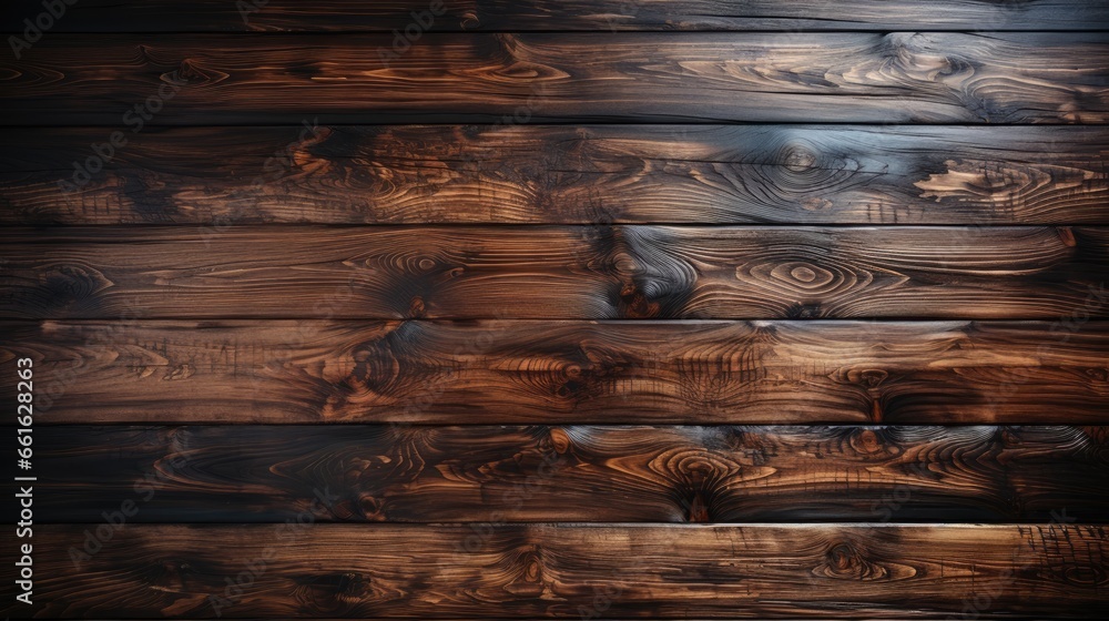 old wood texture background, Horizontally arranged wooden planks with deep brown tones and natural patterns. The polished finish accentuates swirls, waves, and knots. 