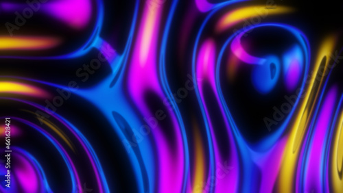 Futuristic iridescent holographic waves. Metallic foil background. Neon colors wavy surface