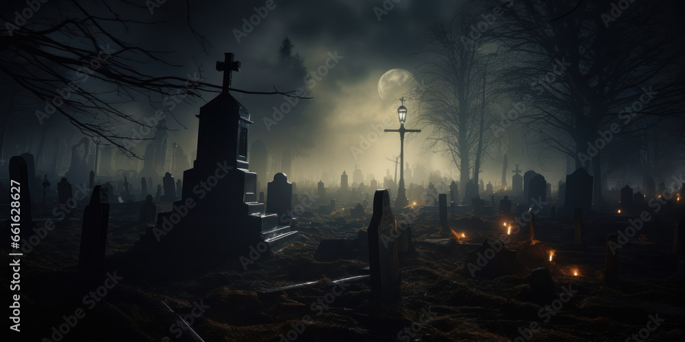 Graveyard at night in the forest halloween
