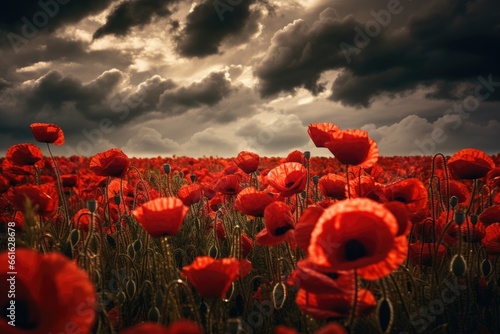 Banner with red poppy flower field, symbol for remembrance, memorial, anzac day