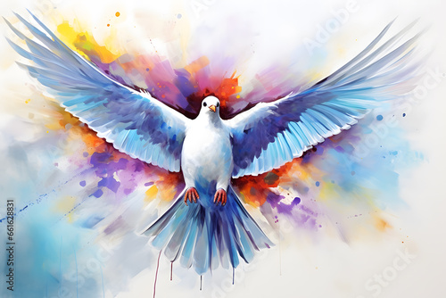 Modern colorful watercolor painting of a white dove, textured white paper background, vibrant paint splashes. Created with generative AI