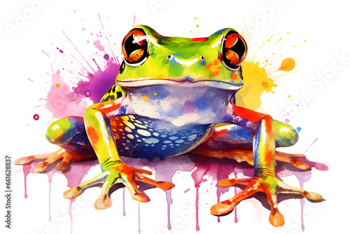 Modern colorful watercolor painting of a green frog, textured white paper background, vibrant paint splashes. Created with generative AI