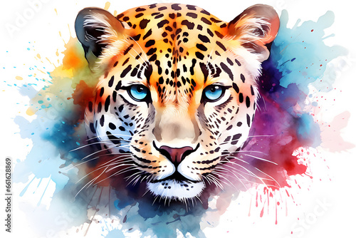 Modern colorful watercolor painting of a leopard, textured white paper background, vibrant paint splashes. Created with generative AI