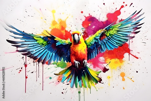 Modern colorful watercolor painting of a parrot, textured white paper background, vibrant paint splashes. Created with generative AI