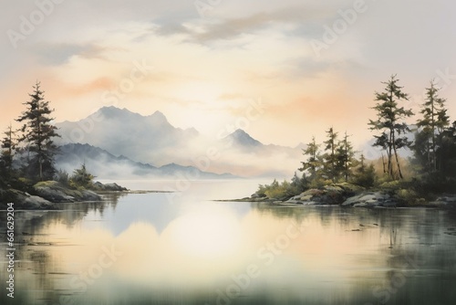 Image represents a serene landscape with calming colors and a beautiful reflection. Generative AI