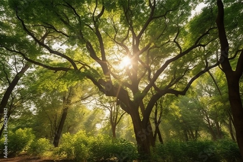 View of leafy tree in forest with sunlight and fresh park environment. Tree provides oxygen and represents environmental conservation and ecological preservation. Generative AI