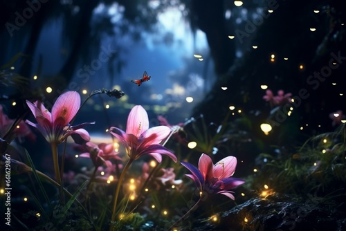 4k video of fireflies shining on flowers. Generative AI