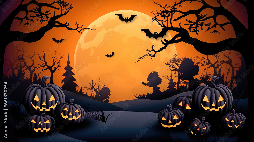 Happy Halloween background with clouds and pumpkins in the style of paper clippings. Full moon in the sky, spider web, skull, ghost and flying bats. Generative AI