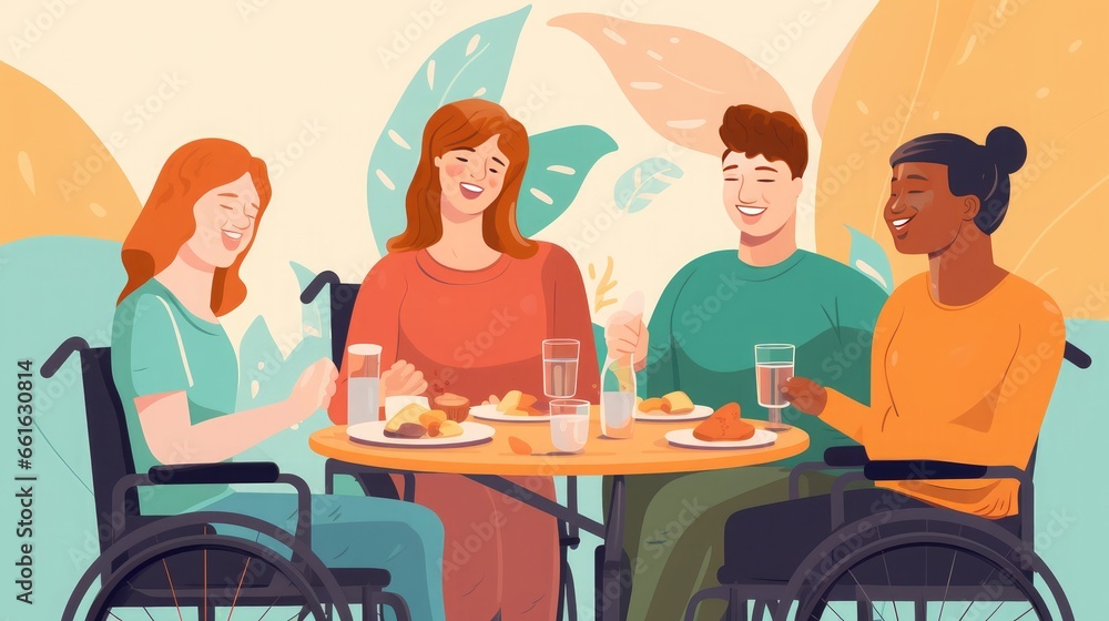 a group of people with disabilities have lunch at a table. Friends with disabilities. Living fully with a disability a group of people with disabilities have lunch at a table. Friends with disabilities. Living fully with a disability