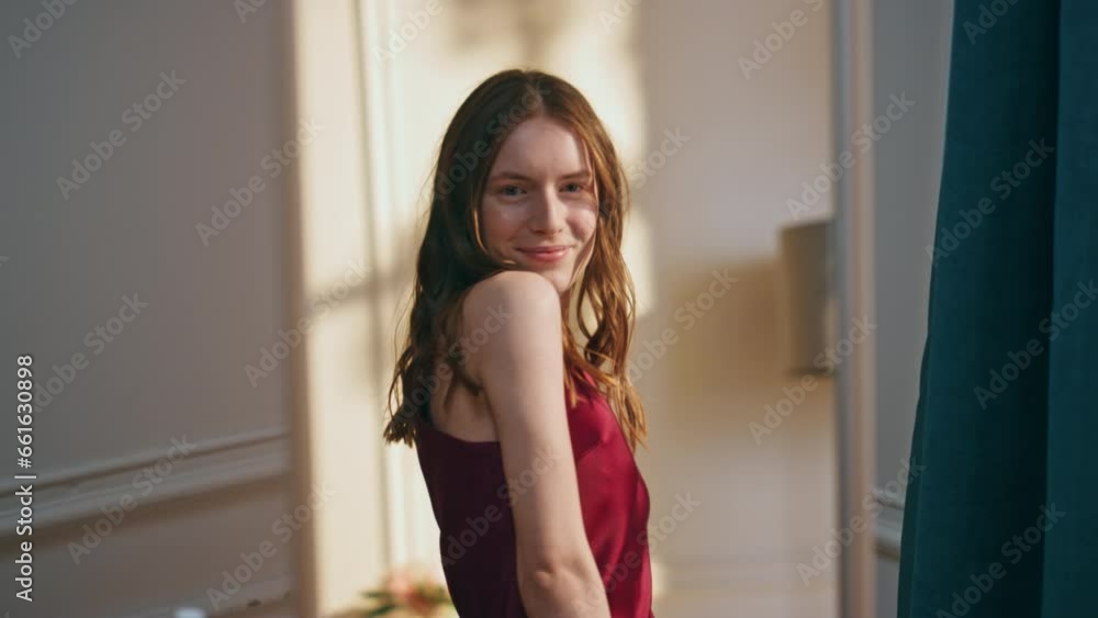 Legs walking mirror reflection closeup. Cheerful girl trying sexy romantic dress