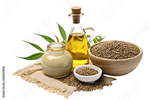 Hempseed Oil with Seeds Leaves on isolated background