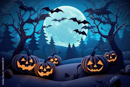 Happy Halloween background with clouds and pumpkins in the style of paper clippings. Full moon in the sky, spider web, skull, ghost and flying bats. Generative AI