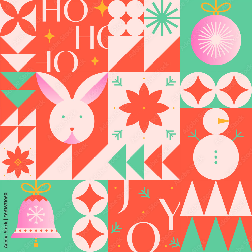 Christmas and Happy New Year greeting card template.Festive vector background in flat modern style with traditional winter holiday symbols.Xmas pattern design for branding,invitations,prints,smm