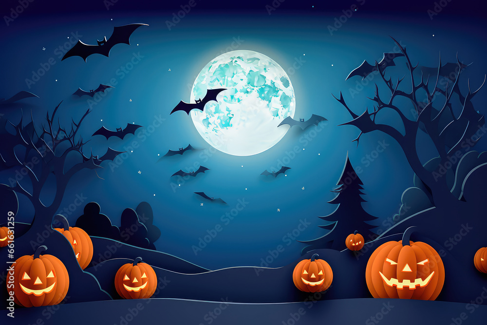 Fototapeta premium Happy Halloween background with clouds and pumpkins in the style of paper clippings. Full moon in the sky, spider web, skull, ghost and flying bats. Generative AI