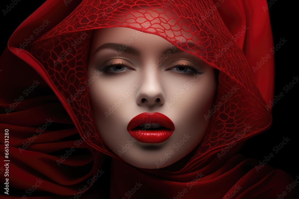 Close-up photo of a beautiful woman with beautiful makeup and red lipstick. Style, beauty and fashion concept.