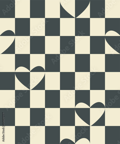 Checkered heart shapes abstract seamless pattern swatch. Decorative geometrical grid. Black white vintage colours palette. Graphical ornamental background