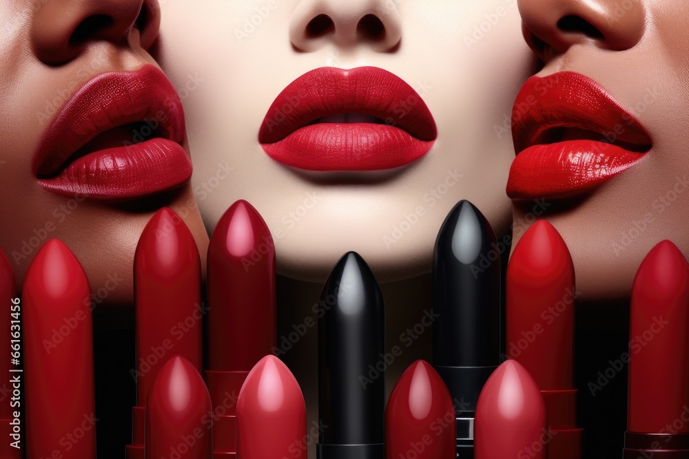 Fototapeta premium Close-up photo of beautiful female lips with red lipstick. Style, beauty and fashion concept.