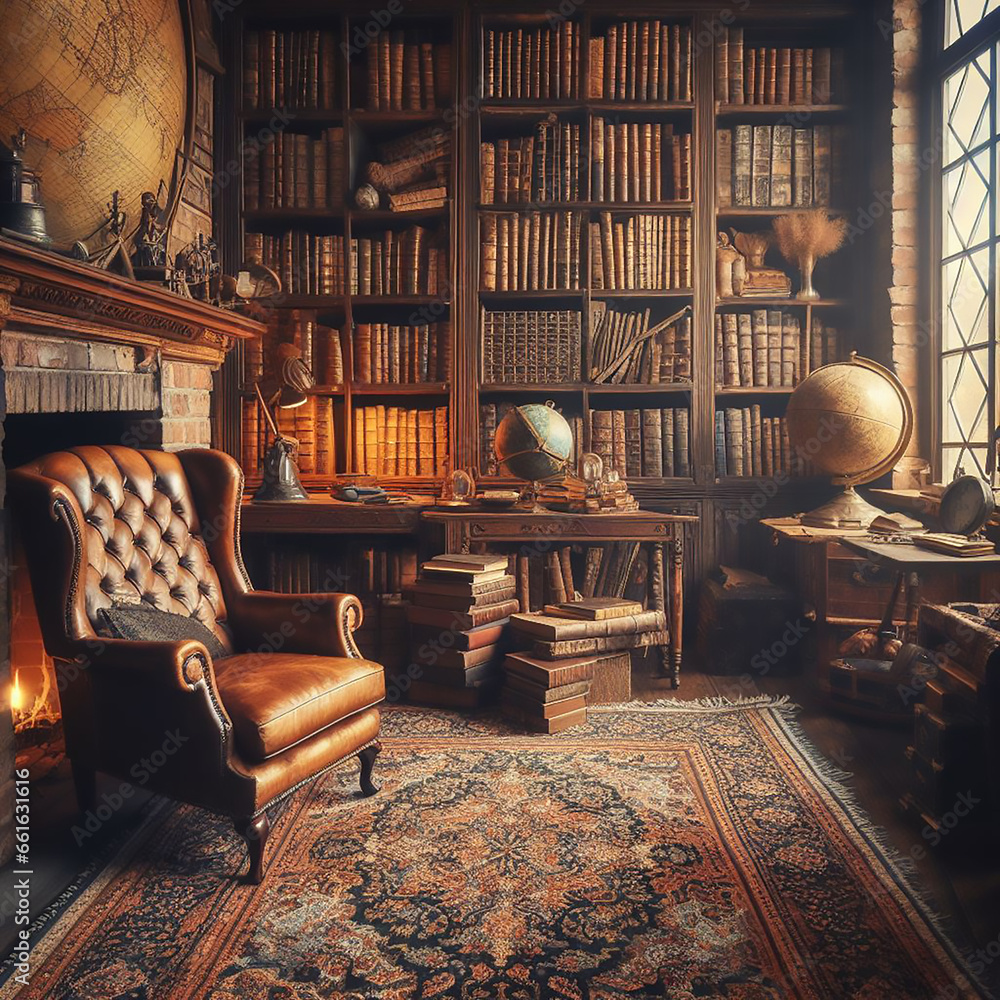 Library interior old in classic style, vintage library interior ...