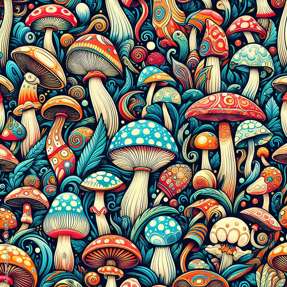 Magic mushrooms, psychedelic hallucination, vibrant vector illustration, 60s hippie colorful background, hippie and boho texture, trippy wallpaper