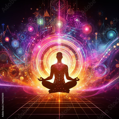 Yoga meditation lotus pose, spiritual enlightenment, spiritual dimension, aura, spiritual and Yin Yang symbols, balancing your life in nature concept, spiritual energy