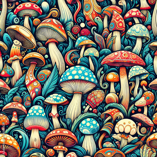 Magic mushrooms, psychedelic hallucination, vibrant vector illustration, 60s hippie colorful background, hippie and boho texture, trippy wallpaper