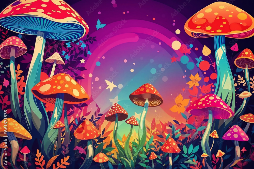 Magic mushrooms, psychedelic hallucination, vibrant vector illustration, 60s hippie colorful background, hippie, boho texture, trippy wallpaper, mushroom seamless pattern.