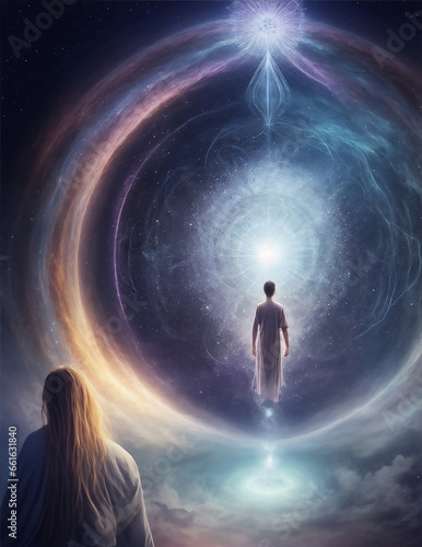 Mystery woman time traveler standing in-front of a giant circular portal  another dimension  power  interstellar vortex  spiritual dimensions  spiritual enlightenment  astral body  astral projection