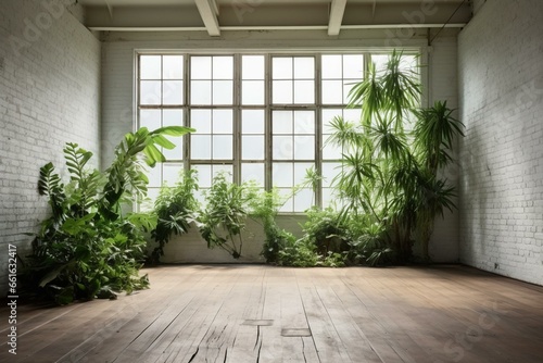 A vacant space with walls in white, a wooden floor, and lush green house plants. Generative AI