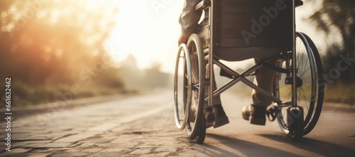 Banner of a man in a wheelchair without face. Close-up. Dramatic style. Patient with disability. Man with disability photo