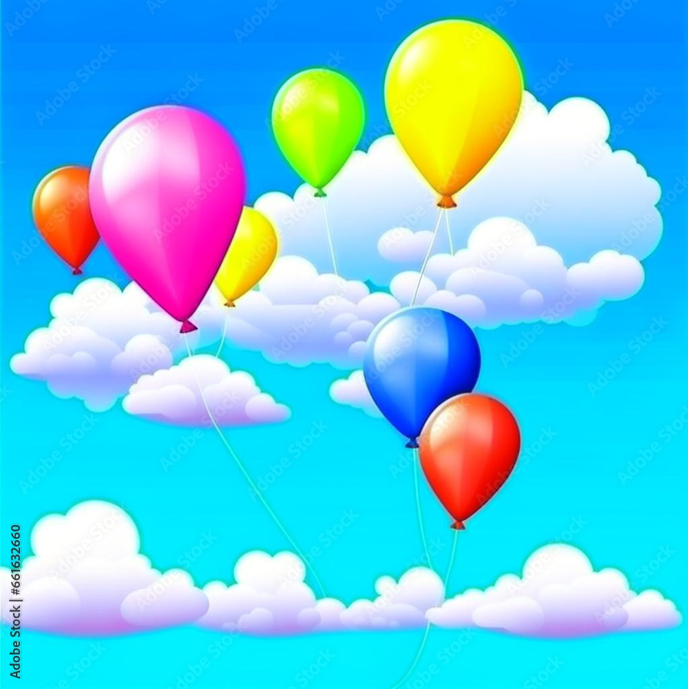 A bunch of multicolored balloons with helium on a blue sky backgroun.