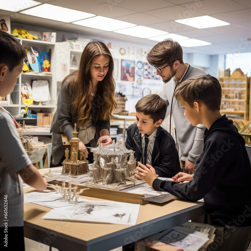 Students doing a creativity project with their teacher in a classroom