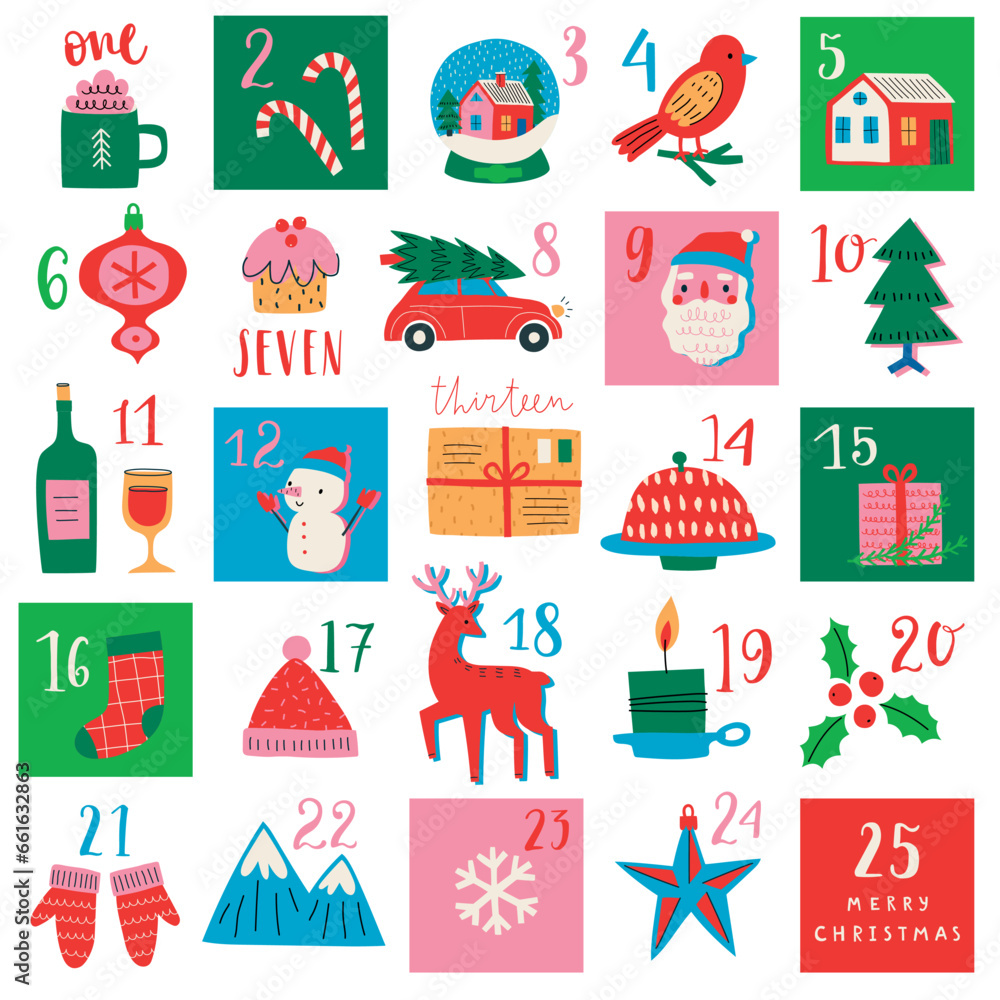 Christmas advent calendar, hand drawn style. Christmas advent calendar, hand drawn style.