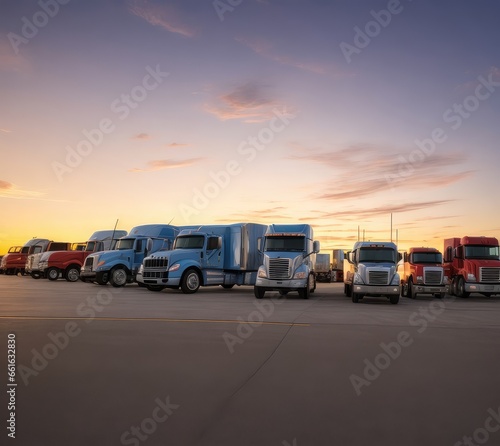 Trucks parked in front of a brilliant dawn on the background. Copy space for text, advertising, message, logo