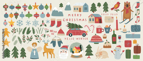 Christmas set of graphic elements, hand drawn style - cute objects, snowmen, Santa Claus and other elements. © avian