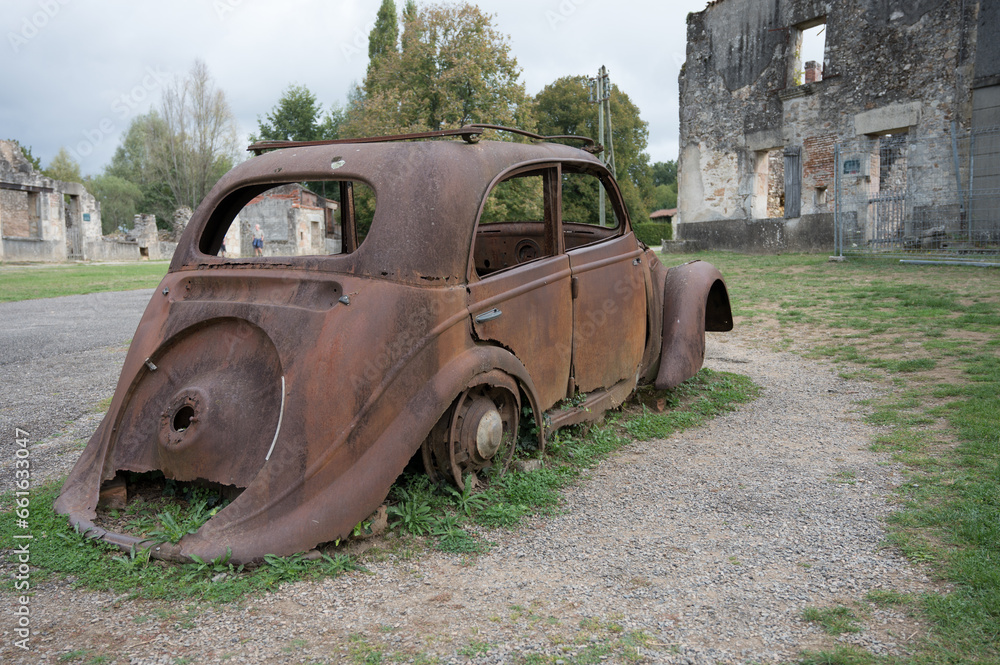 Detail of the car burned in the village of Oradour Sur Glane during the Second World War and the Nazi invasion of France