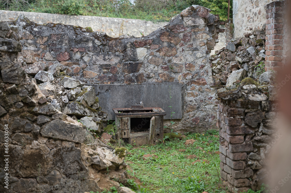Detail of the remains of a kitchen from a house in the ghost town of Oradour South Glane massacred in the war