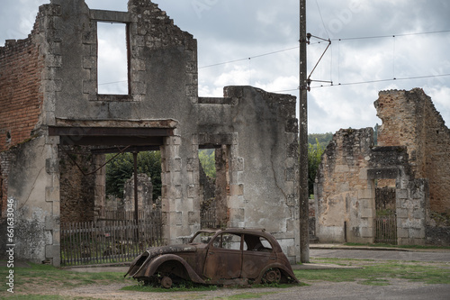 Detail of the vehicle burned in the village of Oradour Sur Glane during the Second World War and the Nazi invasion of France
