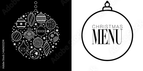 Carte noire et blanche, pour un menu de fêtes de fin d’année à la maison ou au restaurant (couverture et dos de couverture) sur le thème des boules de Noël.