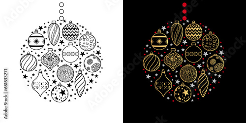 Illustration style linéaire noire ou or, sur le thème des boules de Noël.