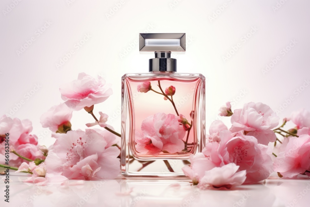 A transparent bottle of expensive women's perfume. Trendy concept of natural materials. Natural cosmetic A transparent bottle of expensive women's perfume. Trendy concept of natural materials. Natural cosmetic
