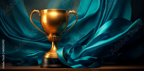 golden cup on a background of blue fabric with ribbons
