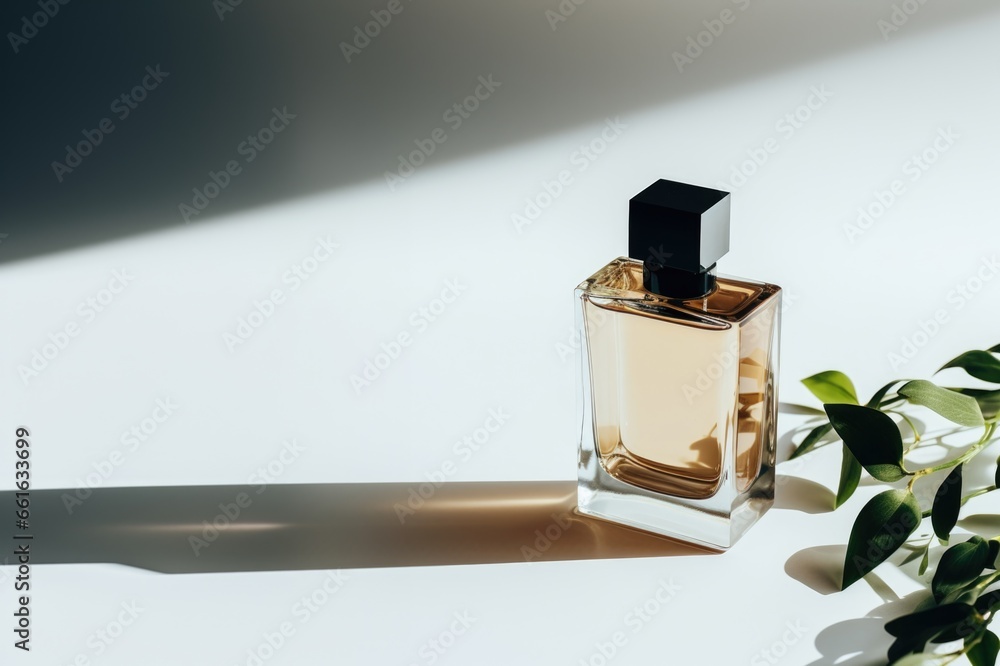 Transparent perfume bottle on a background of stone and wood. Trendy concept of natural materials. Natural cosmetic Transparent perfume bottle on a background of stone and wood. Trendy concept of natural materials. Natural cosmetic