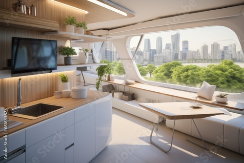 Interior design of modular micro apartment, contemporary futuristic furniture, micro kitchen, biophilic green balcony