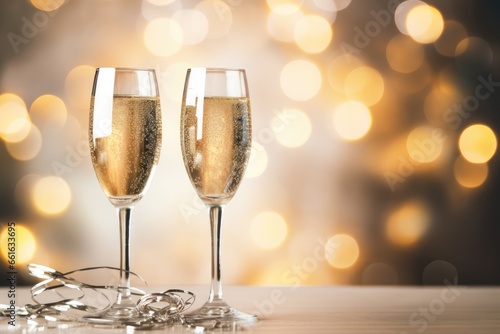 Champagne glasses on bokeh lights background. Party, new year, celebration idea