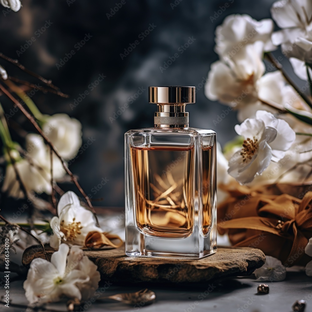 Transparent perfume bottle on a background of stone and wood. Trendy concept of natural materials. Natural cosmetic Transparent perfume bottle on a background of stone and wood. Trendy concept of natural materials. Natural cosmetic
