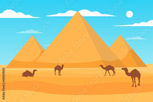 pyramids egypt Desert with caravan of camels landscape background