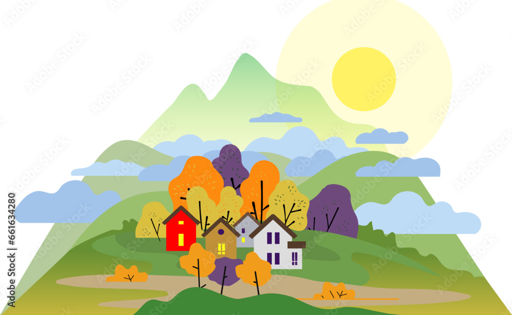 Mountain village. Stylized country houses between trees. Modern Vector illustration. Isolated design element. Poster, print template.